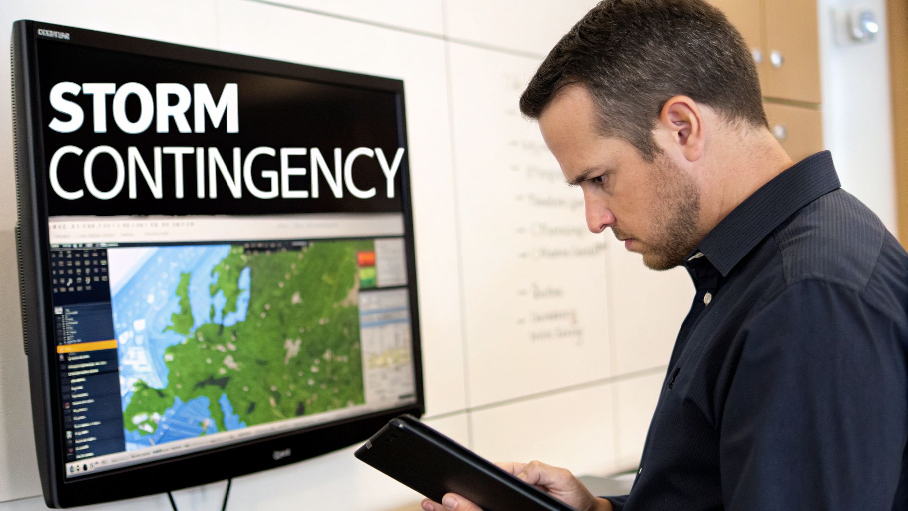 A man reviews a tablet next to a monitor displaying "STORM CONTINGENCY" and a weather map.