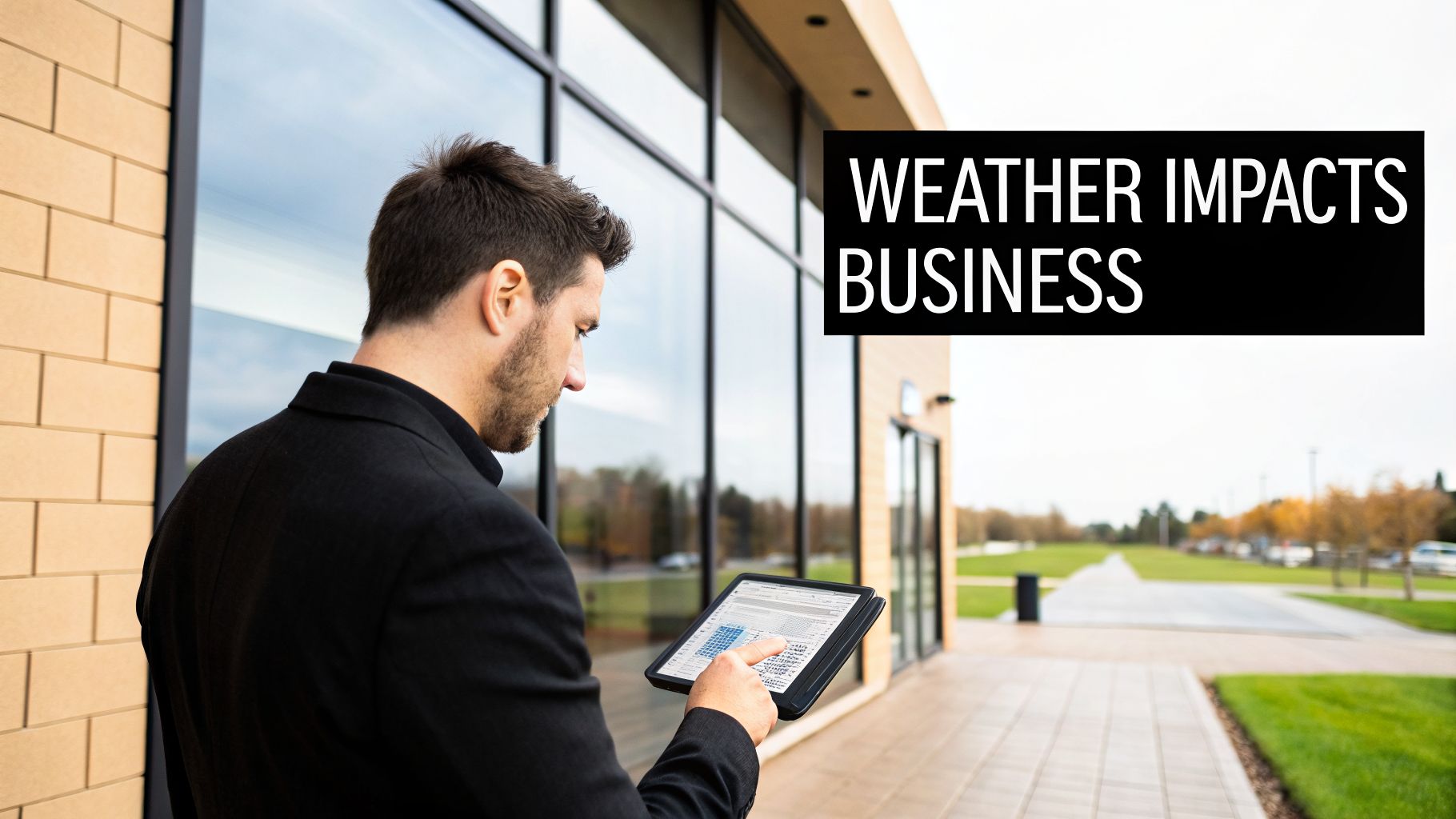 A man in a black jacket uses a tablet outside a modern building with a text overlay 'WEATHER IMPACTS BUSINESS'.