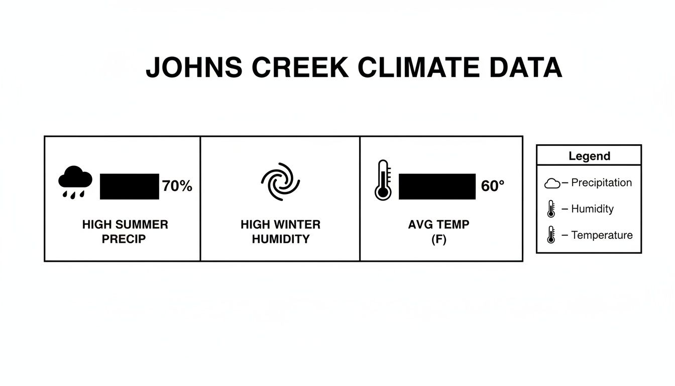 Johns Creek climate data showing 70% high summer precipitation and an average temperature of 60°F.