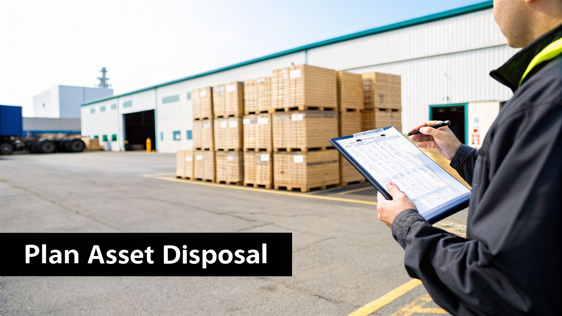 A worker checking inventory on a clipboard in front of a warehouse with stacked crates.