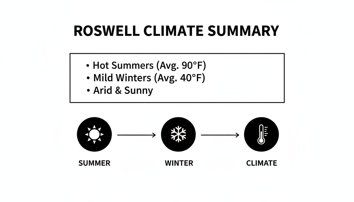Roswell climate summary chart showing hot summers, mild winters, and arid, sunny conditions.