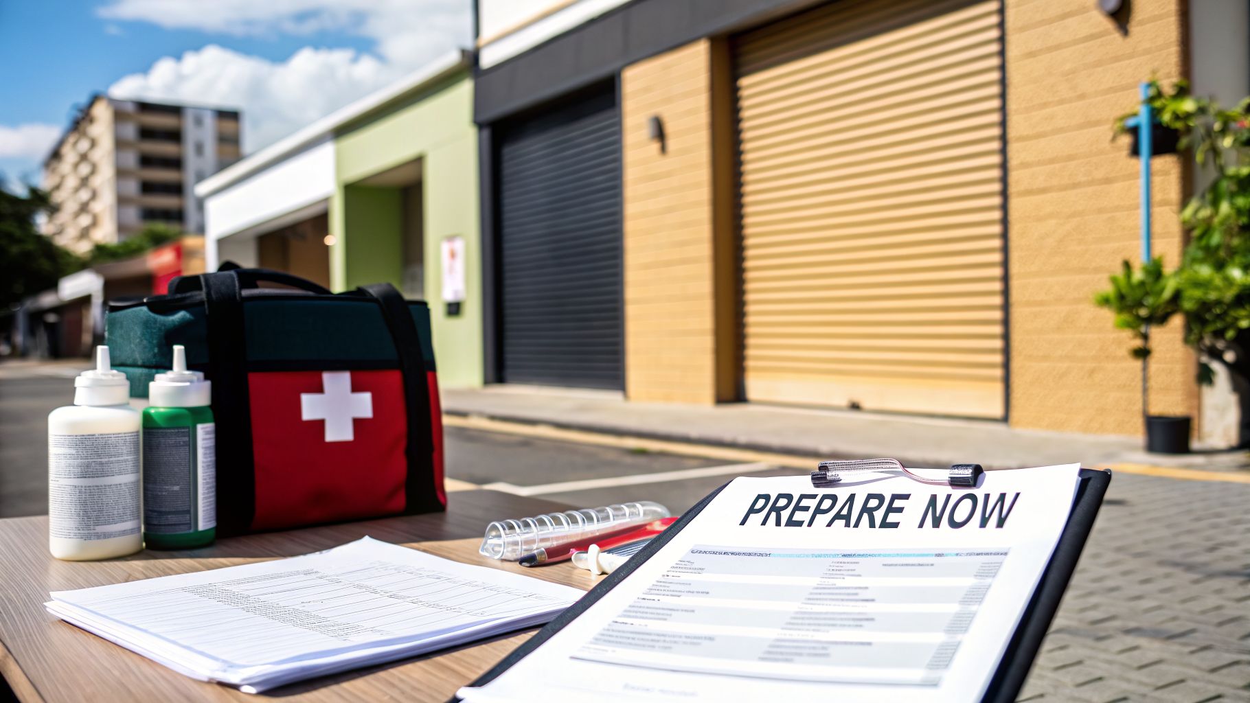 A first aid kit, two medical bottles, and a 'PREPARE NOW' clipboard on a table outdoors.