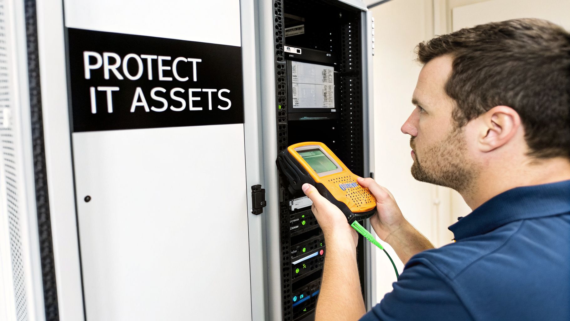 A technician uses a handheld device to inspect a server rack, next to a sign reading 'PROTECT IT ASSETS'.