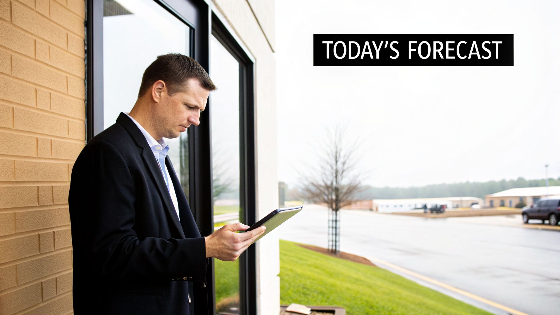 A man in a suit jacket checks a tablet displaying 'TODAY'S FORECAST' outside on a cloudy day.