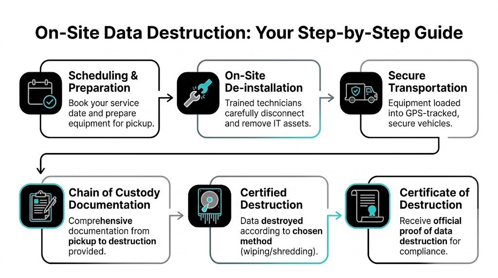 A six-step infographic guide explaining the professional process of on-site data destruction for corporate IT assets.