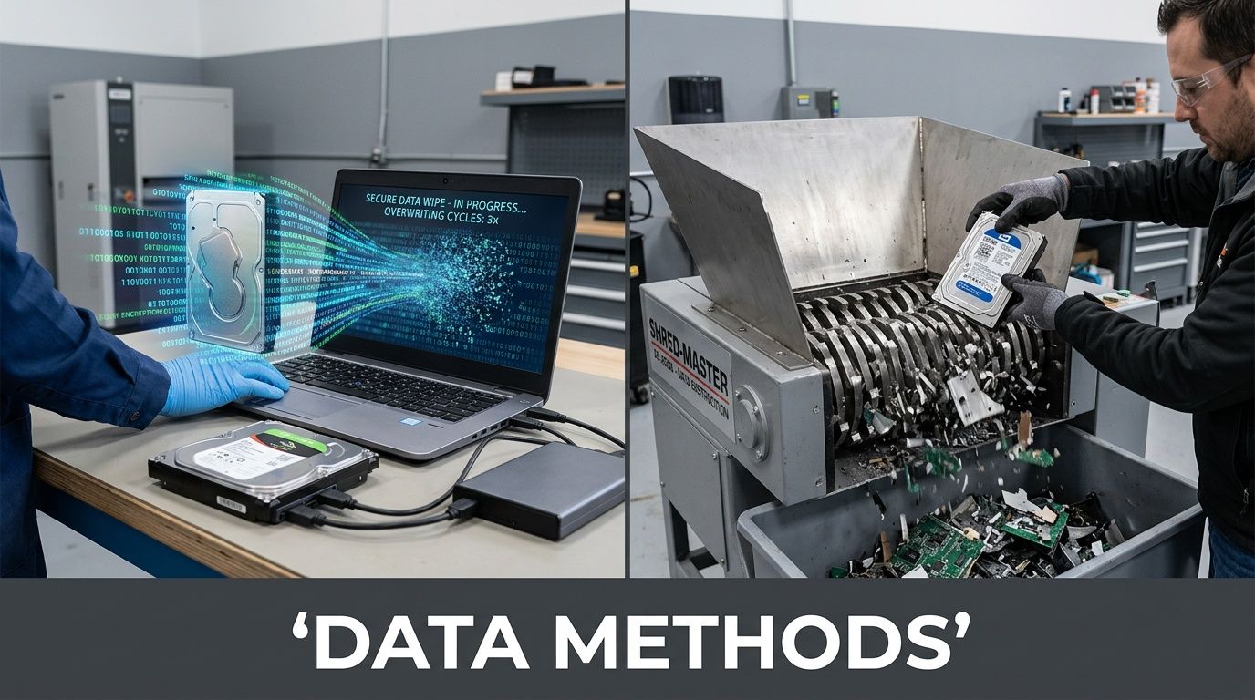 A split screen showing a professional securely wiping data from a hard drive before physical shredding.
