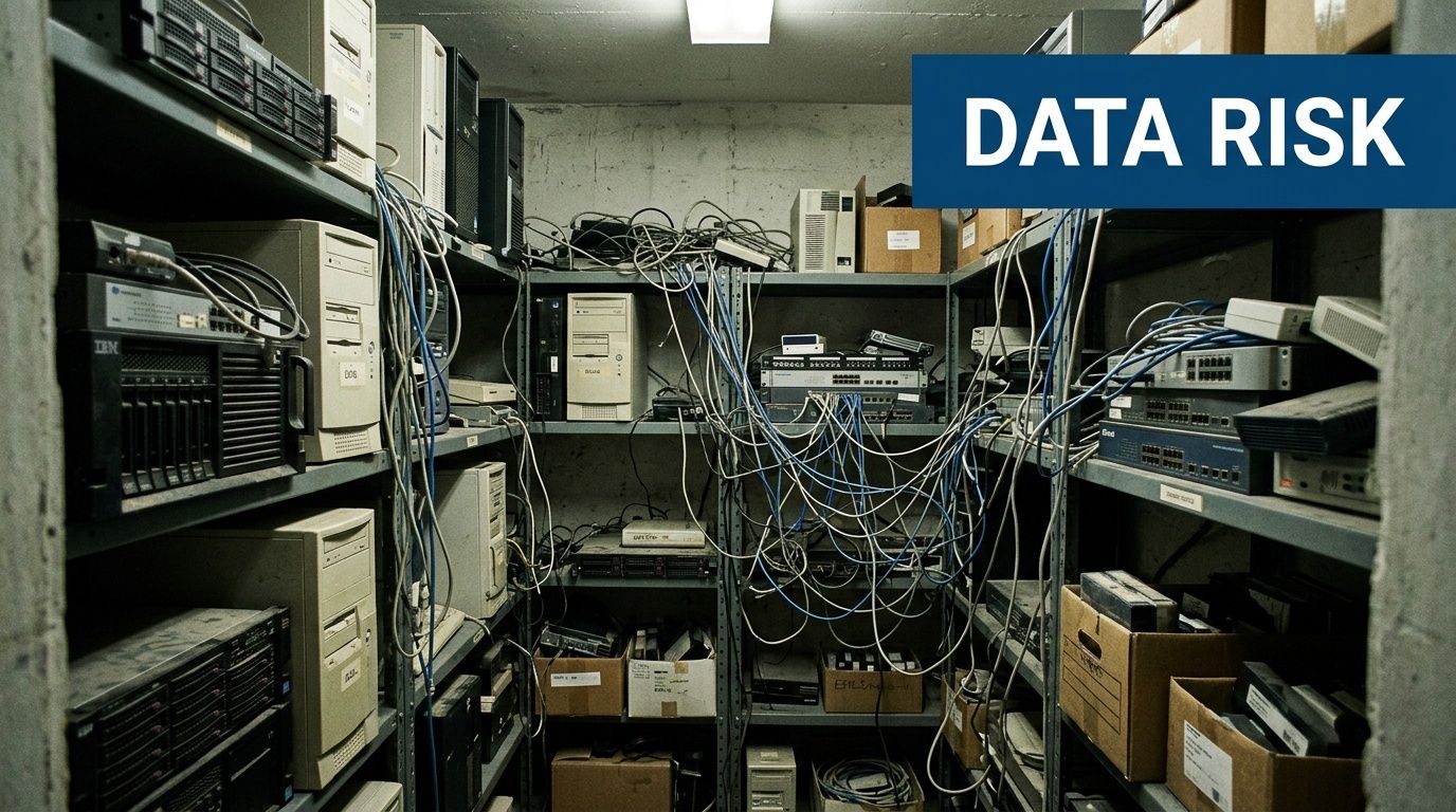 A messy server room filled with old computer equipment, tangled cables, and cardboard boxes on storage shelves.
