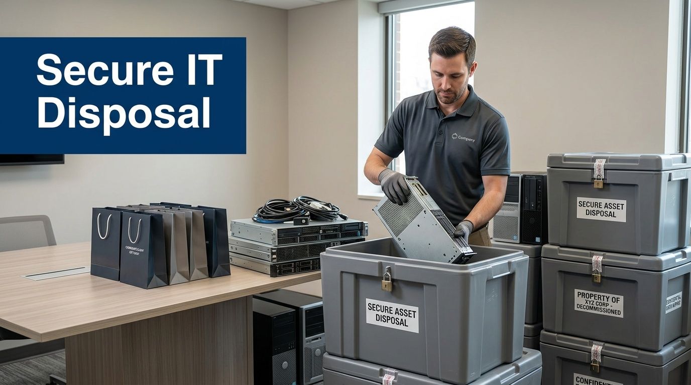 A man in gloves placing IT equipment into a locked bin for secure asset disposal.
