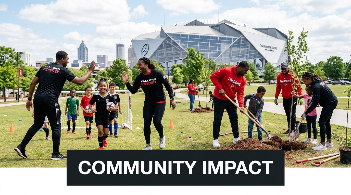 Atlanta Falcons volunteers and children participate in a community event, playing soccer and planting trees.