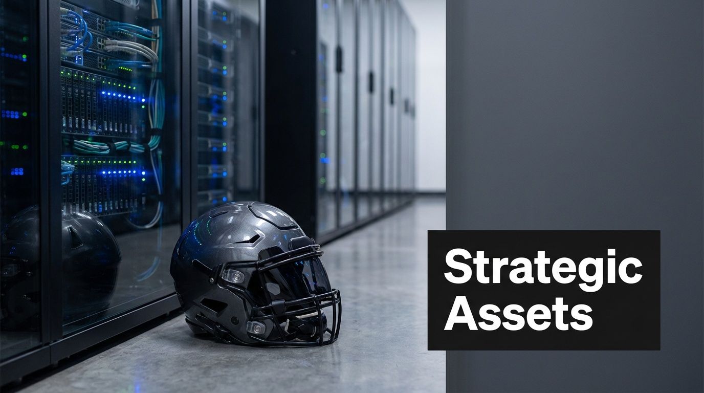 A sleek dark metallic football helmet resting on the floor in front of a modern server room.