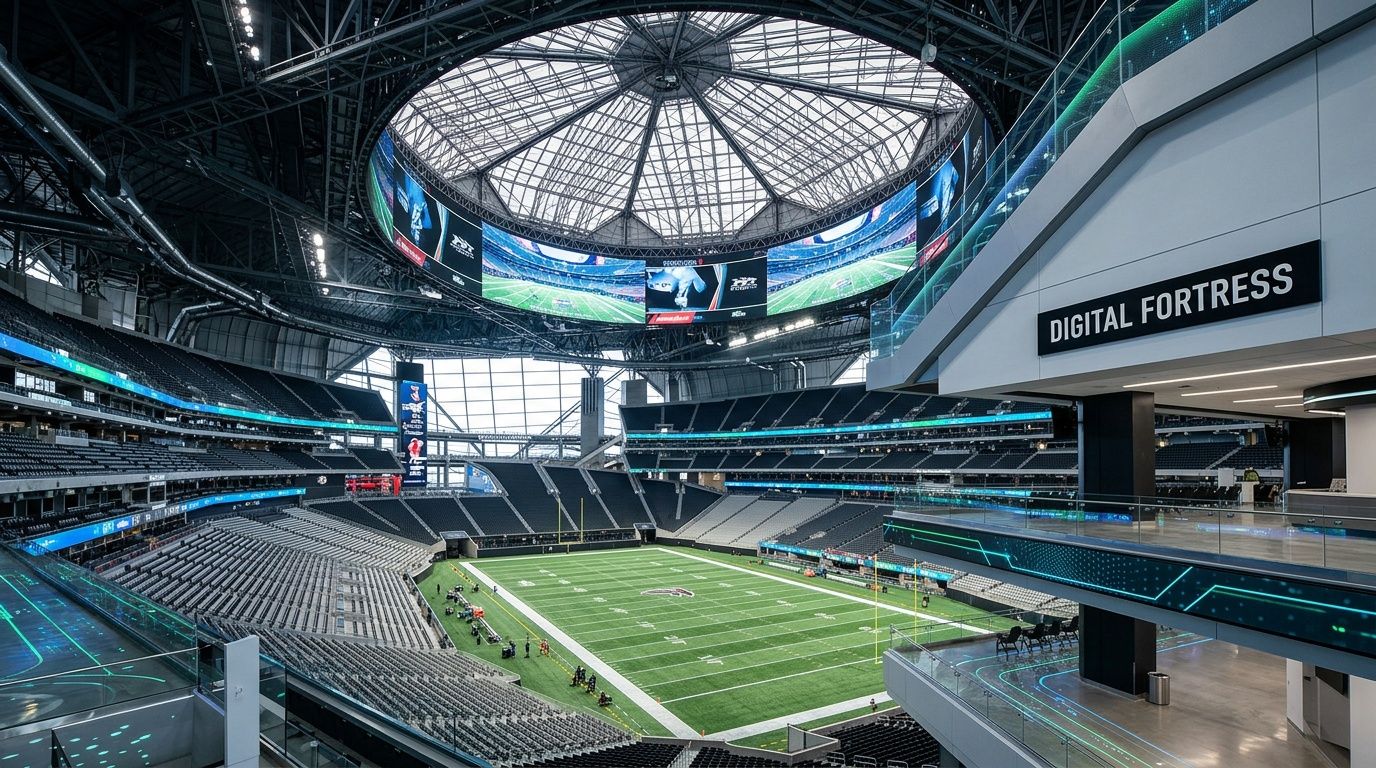 A wide-angle view of the modern, circular Mercedes-Benz Stadium with a football field and digital signage.