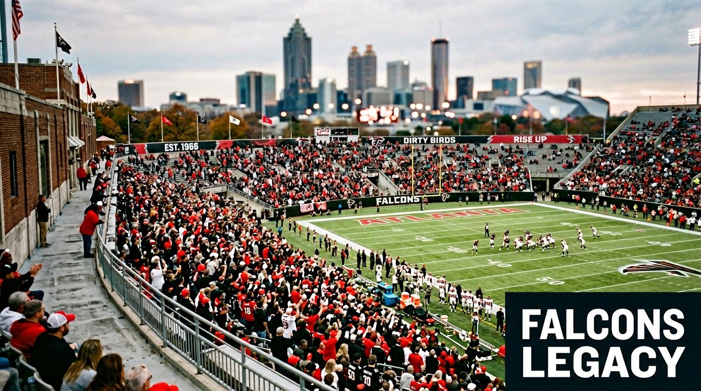 View of the Atlanta Falcons football game at a stadium with the city skyline in the background.