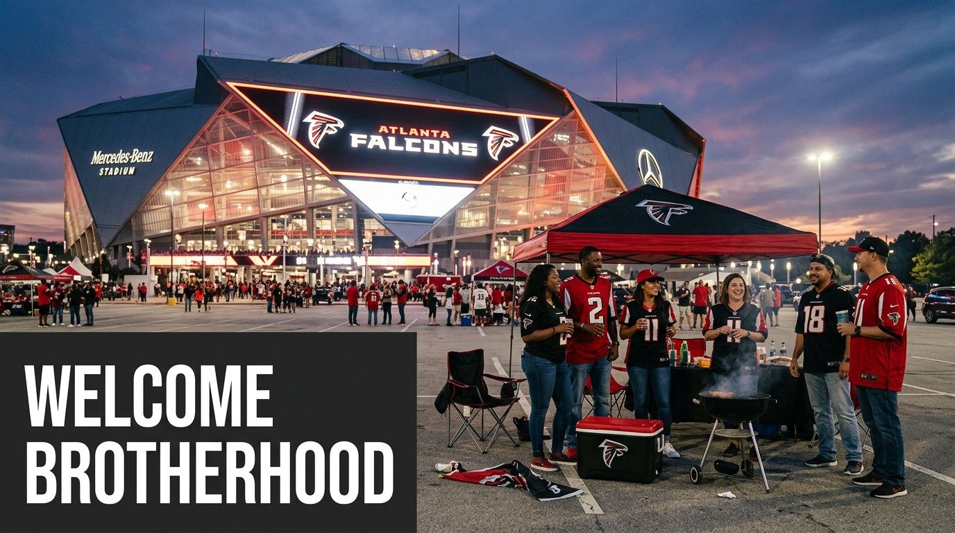 Atlanta Falcons fans tailgating outside Mercedes-Benz Stadium at dusk, grilling and socializing before a game.