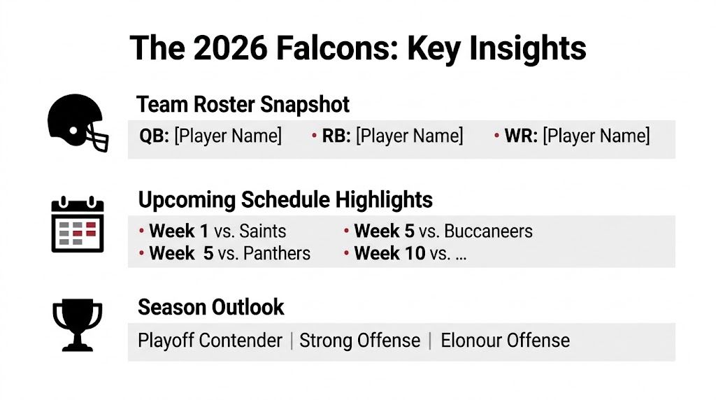 A graphic summary of the 2026 Atlanta Falcons season, showcasing team roster placeholders, schedule highlights, and season outlook.