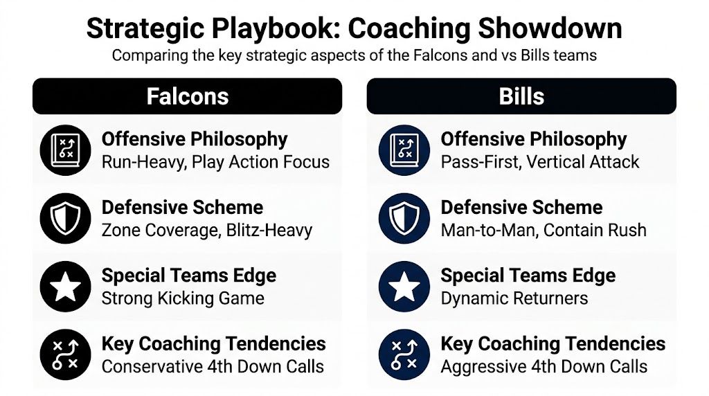 A comparison chart outlining the coaching strategies, offensive and defensive philosophies for the Falcons and Bills teams.
