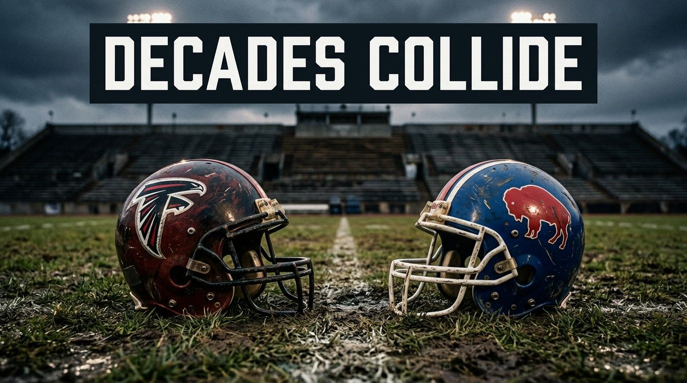 A football field with dirty Atlanta Falcons and Buffalo Bills helmets facing each other on the ground.