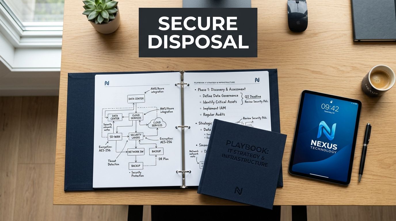 A professional desk setup featuring an IT strategy playbook, a digital tablet, and a coffee cup.
