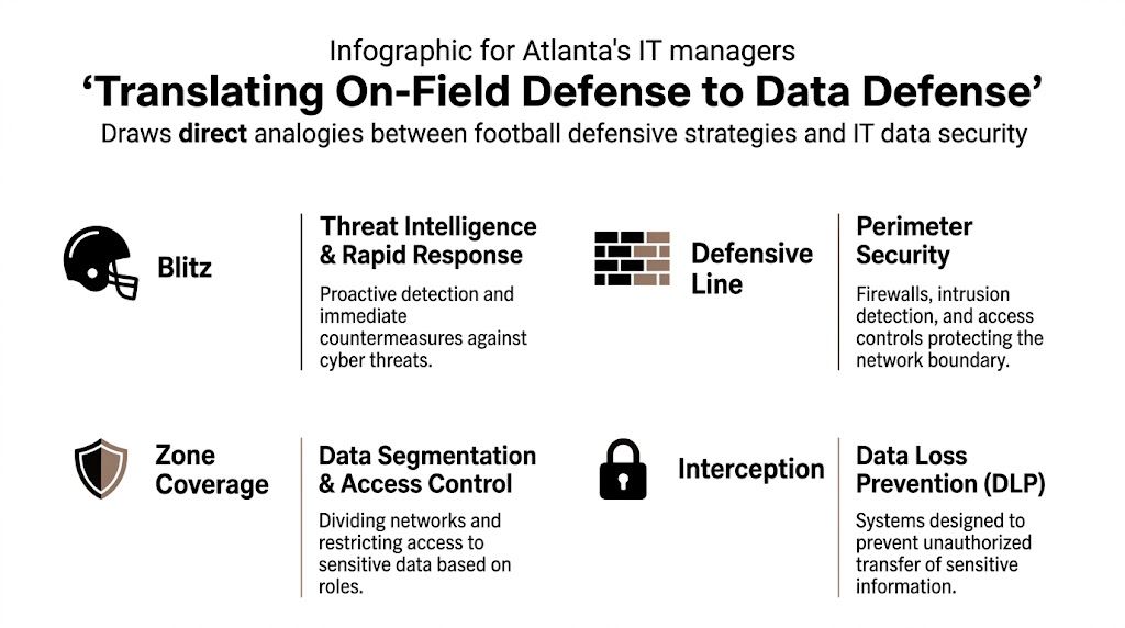 An infographic showing the connection between football defensive strategies and IT data security for IT managers.