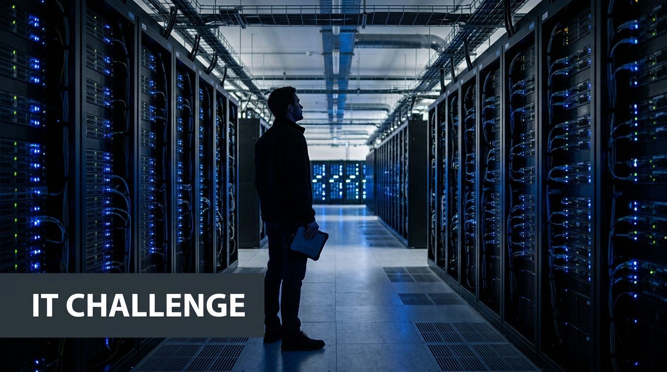 A professional technician stands in a high-tech data center monitoring server racks in a dark environment.