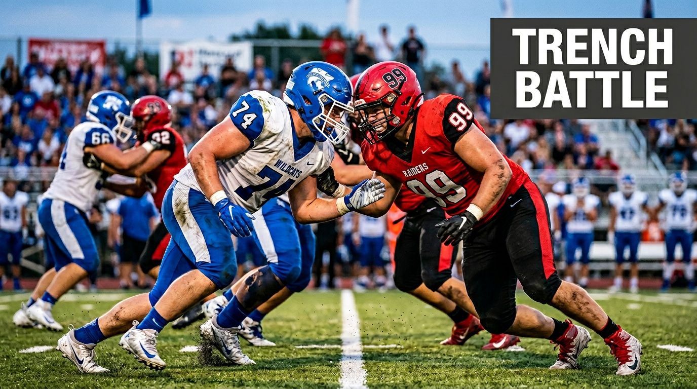 A high-intensity trench battle during a competitive American football game between two linemen clashing on the field.