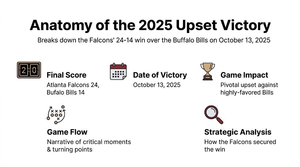 An infographic titled Anatomy of the 2025 Upset Victory detailing the Falcons' win over the Buffalo Bills.