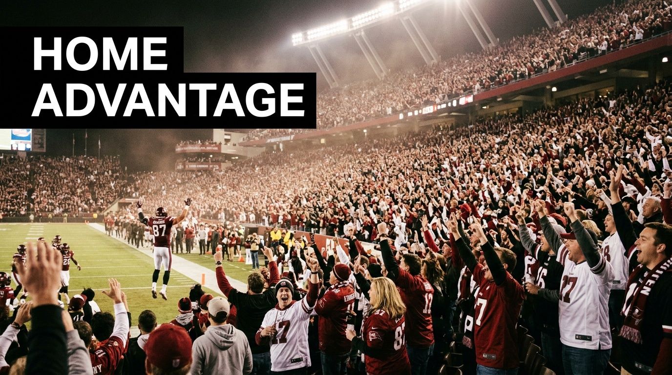 A football stadium at night filled with cheering fans celebrating a game between Atlanta Falcons and Los Angeles Rams.