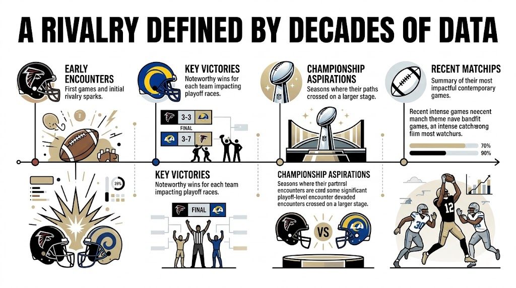 An infographic titled A Rivalry Defined by Decades of Data comparing Atlanta Falcons and Los Angeles Rams.
