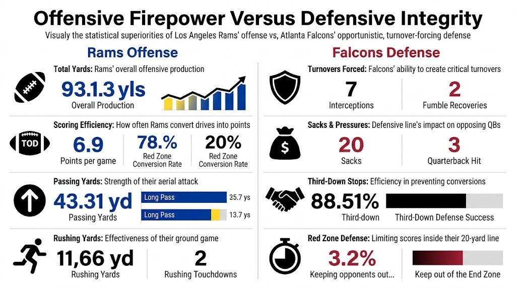 A comparative infographic showing Los Angeles Rams offensive statistics versus Atlanta Falcons defensive performance metrics.