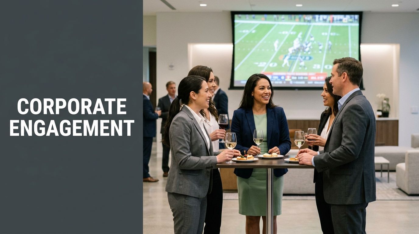 Business professionals networking and socializing at an indoor corporate cocktail event with a football game displayed onscreen.