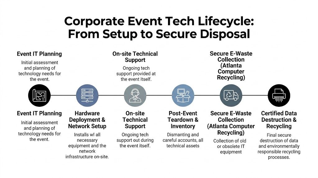 A diagram illustrating the corporate event technology lifecycle, from initial planning to secure electronic waste disposal.