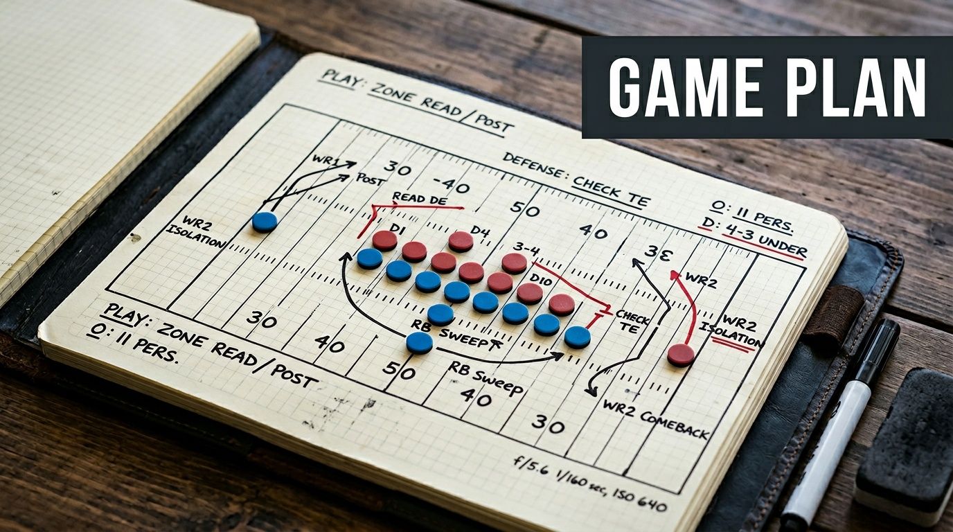 A football game plan sketched on grid paper showing offensive strategies and defensive alignments for a game.