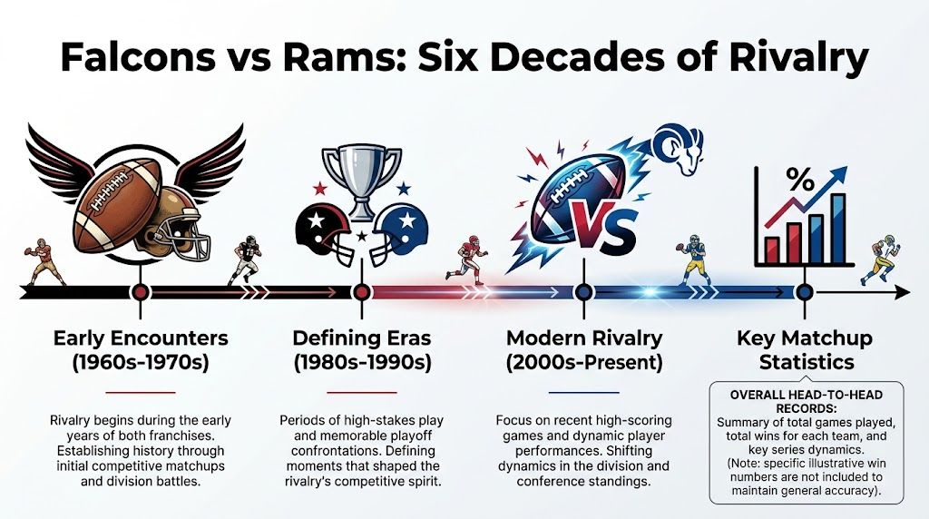 An infographic timeline illustrating the six-decade rivalry between the Atlanta Falcons and Los Angeles Rams football teams.