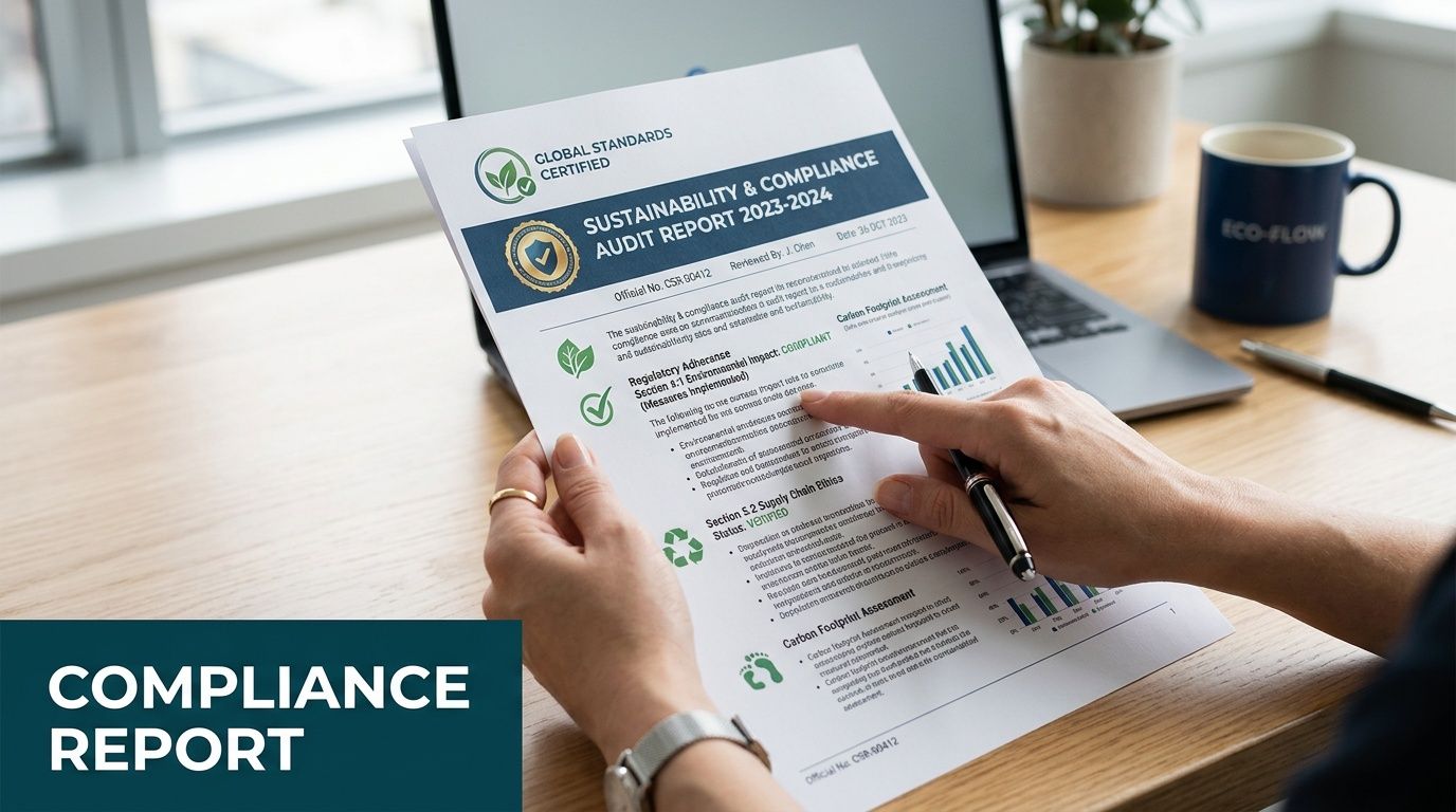 A professional analyzing a Global Standards sustainability and compliance audit report in a modern office workspace.