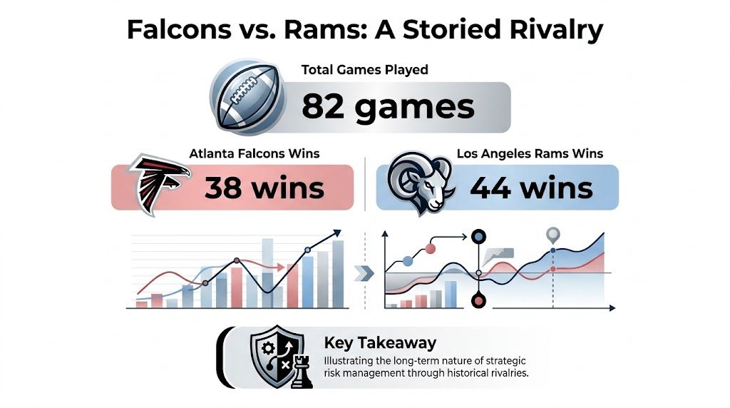 An infographic summarizing the historical rivalry between the Atlanta Falcons and Los Angeles Rams with game statistics.