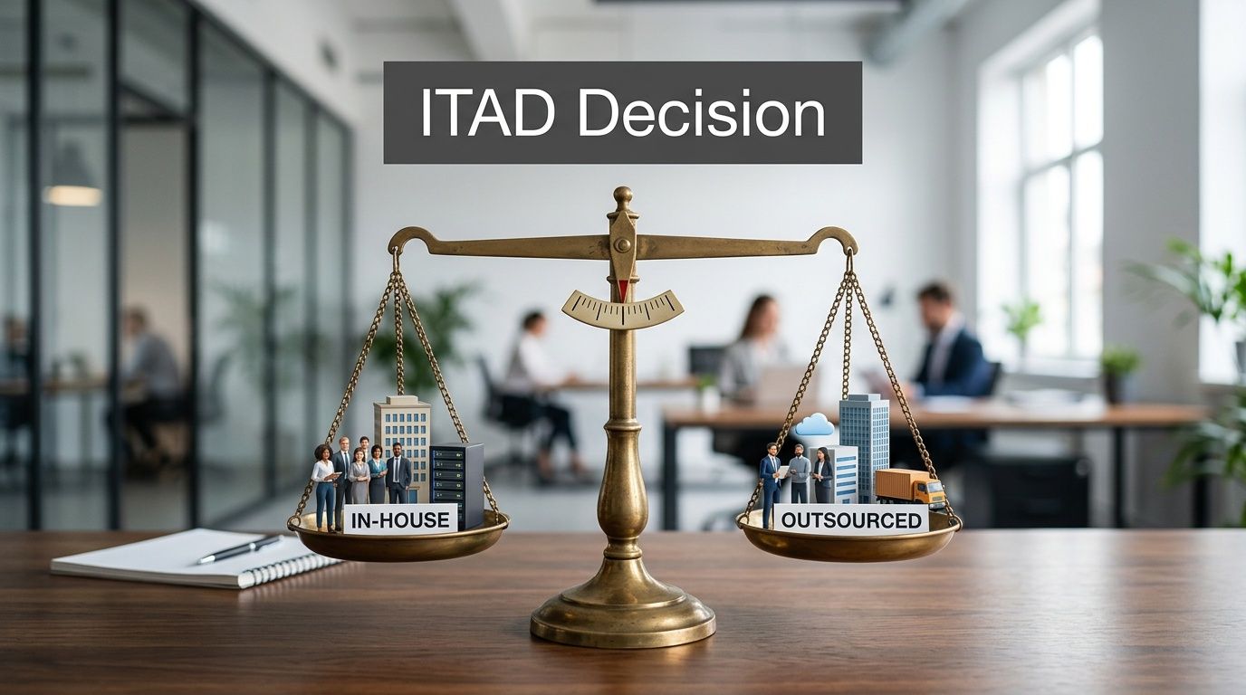 A weighing scale representing the ITAD decision between in-house operations and outsourced services in a business setting.