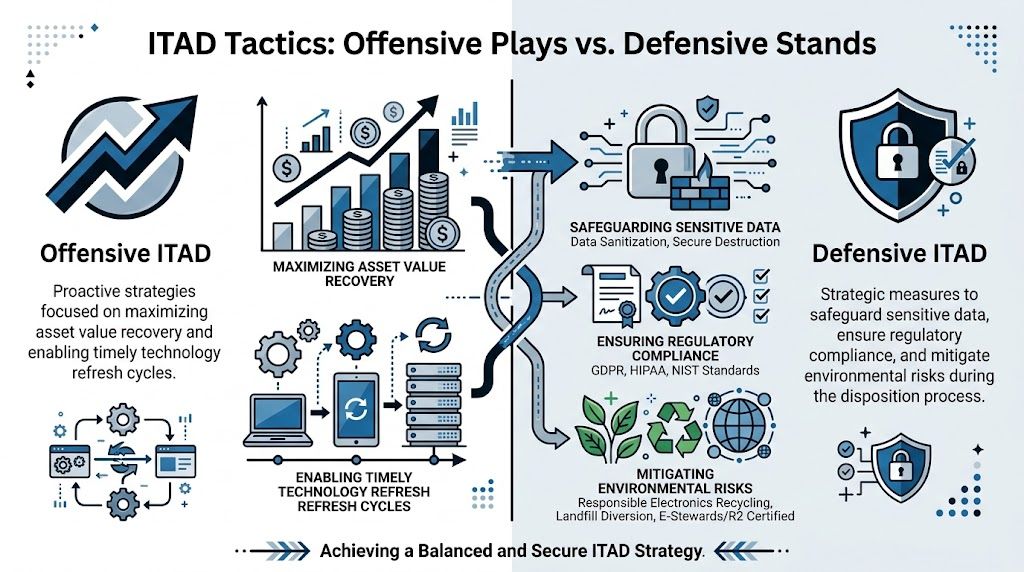 A diagram contrasting offensive ITAD strategies for asset recovery with defensive ITAD measures for security and compliance.