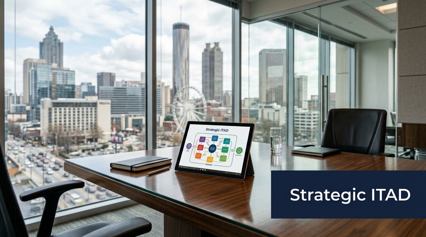A tablet displaying a Strategic ITAD process diagram on a desk in a modern Atlanta office.