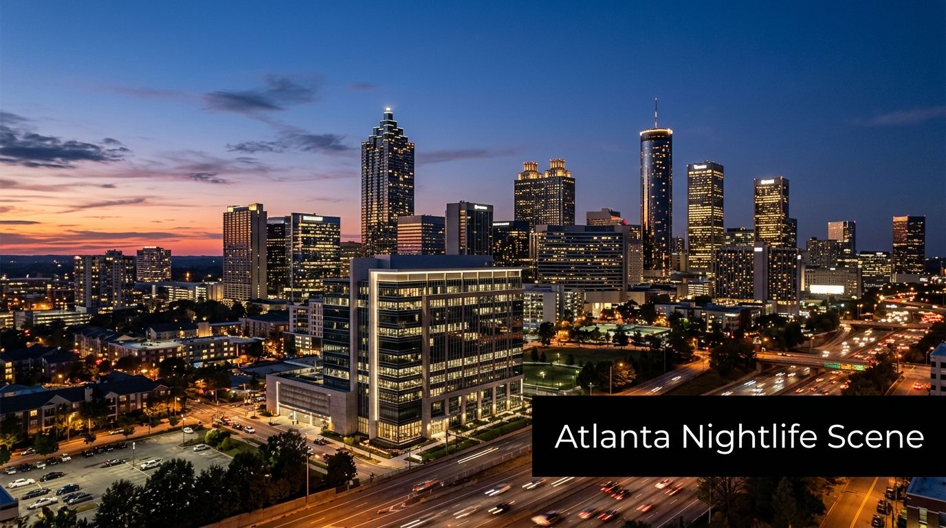 A scenic view of the Atlanta skyline at dusk with illuminated city lights and a busy highway.