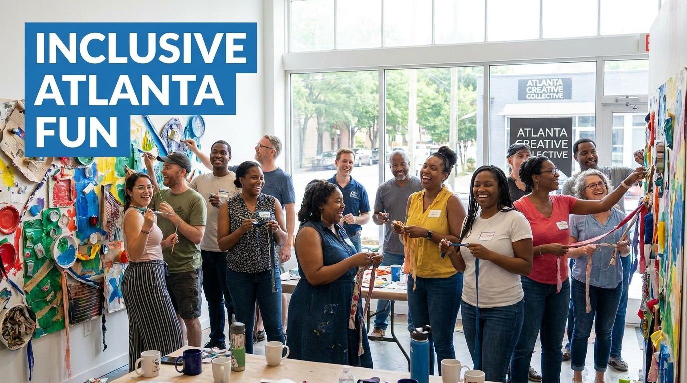 A diverse group of people enjoying an inclusive community art project in a bright Atlanta studio space.