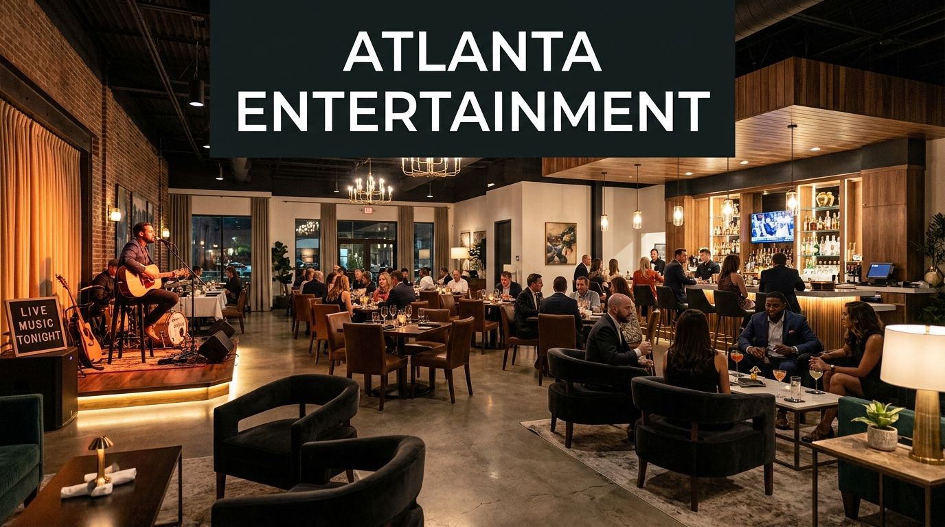 A sophisticated restaurant interior in Atlanta featuring live acoustic music, a vibrant bar, and elegant evening dining.
