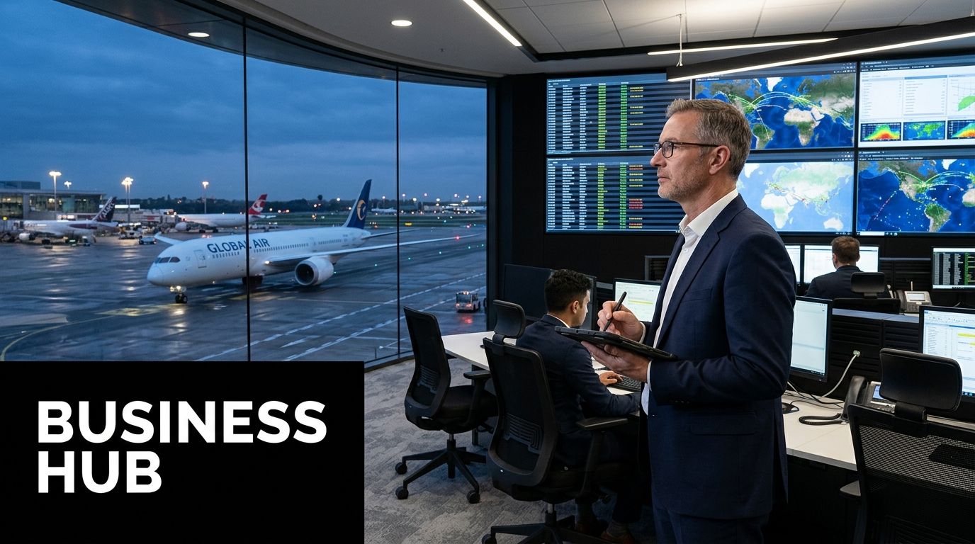 A professional manager holding a tablet in an airport operations center overlooking planes on the tarmac.