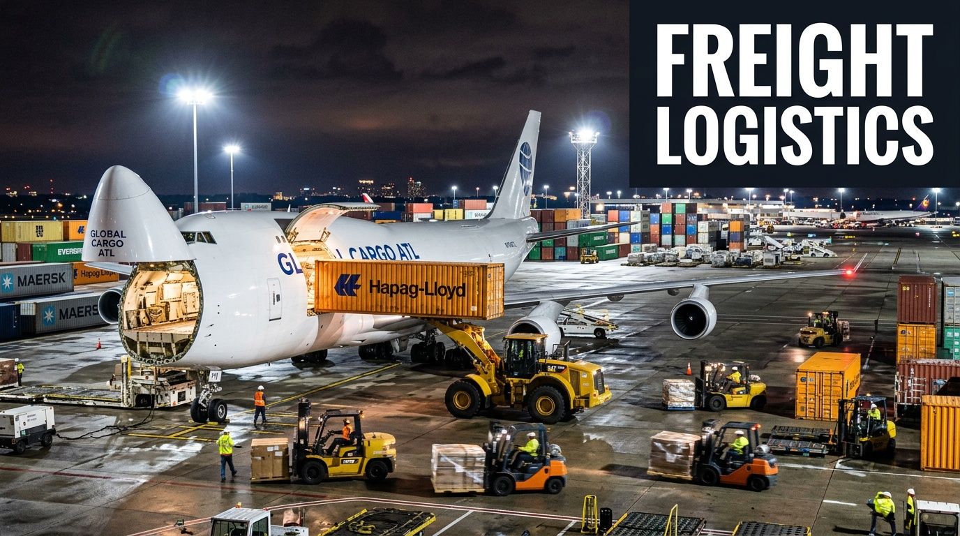 A cargo airplane being loaded with a Hapag-Lloyd shipping container by heavy machinery at night.