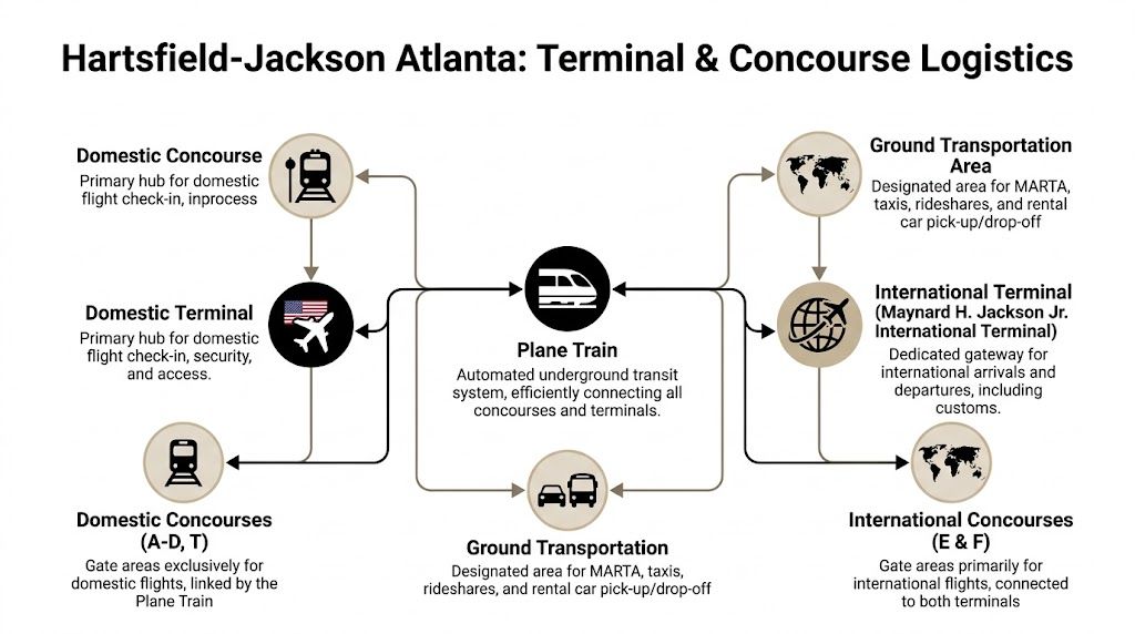A diagram illustrating terminal and concourse logistics at Hartsfield-Jackson Atlanta International Airport, highlighting transport and gate connections.