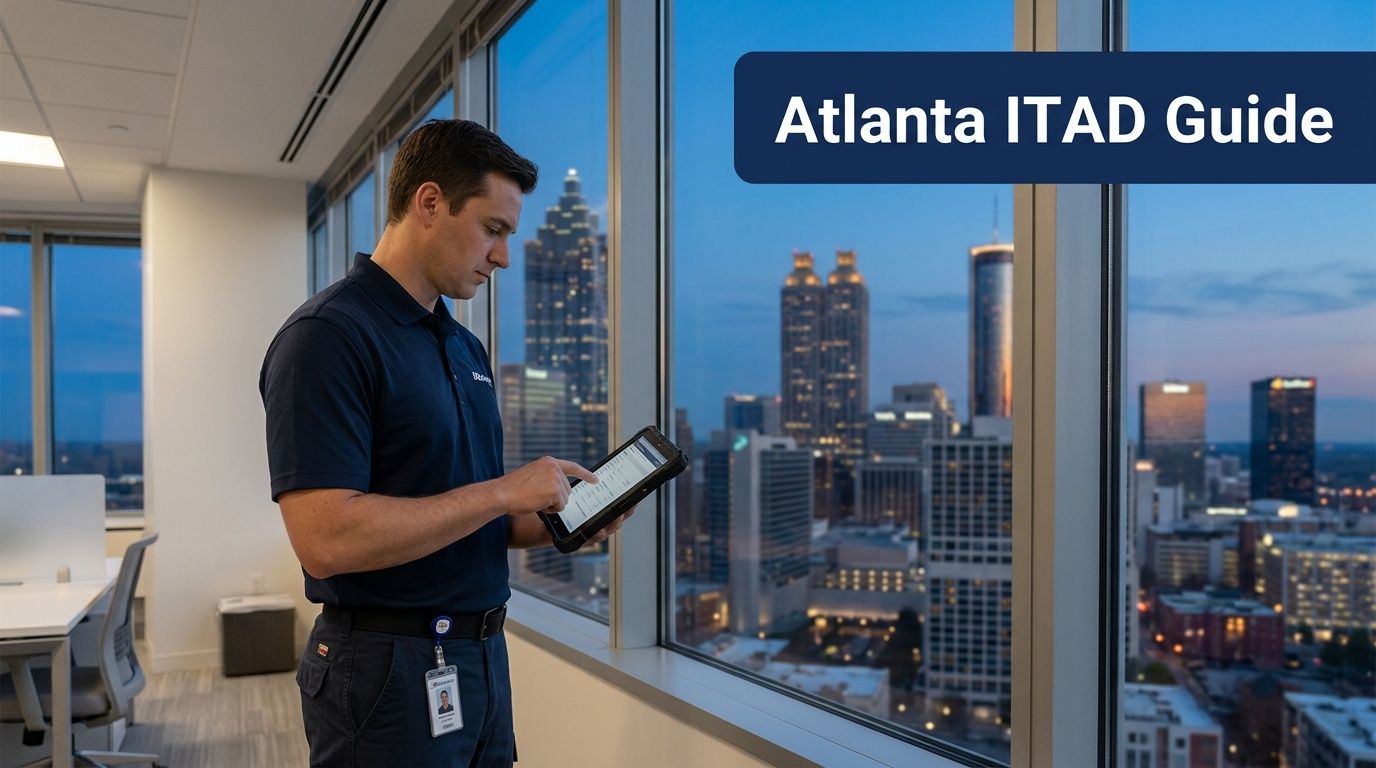Man in uniform using a tablet by a window overlooking the Atlanta skyline at dusk, with an 'Atlanta ITAD Guide' overlay.