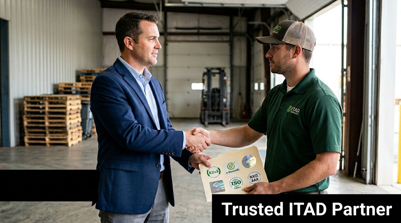 Two men shaking hands in a warehouse, one in a suit, the other presenting ITAD certifications.