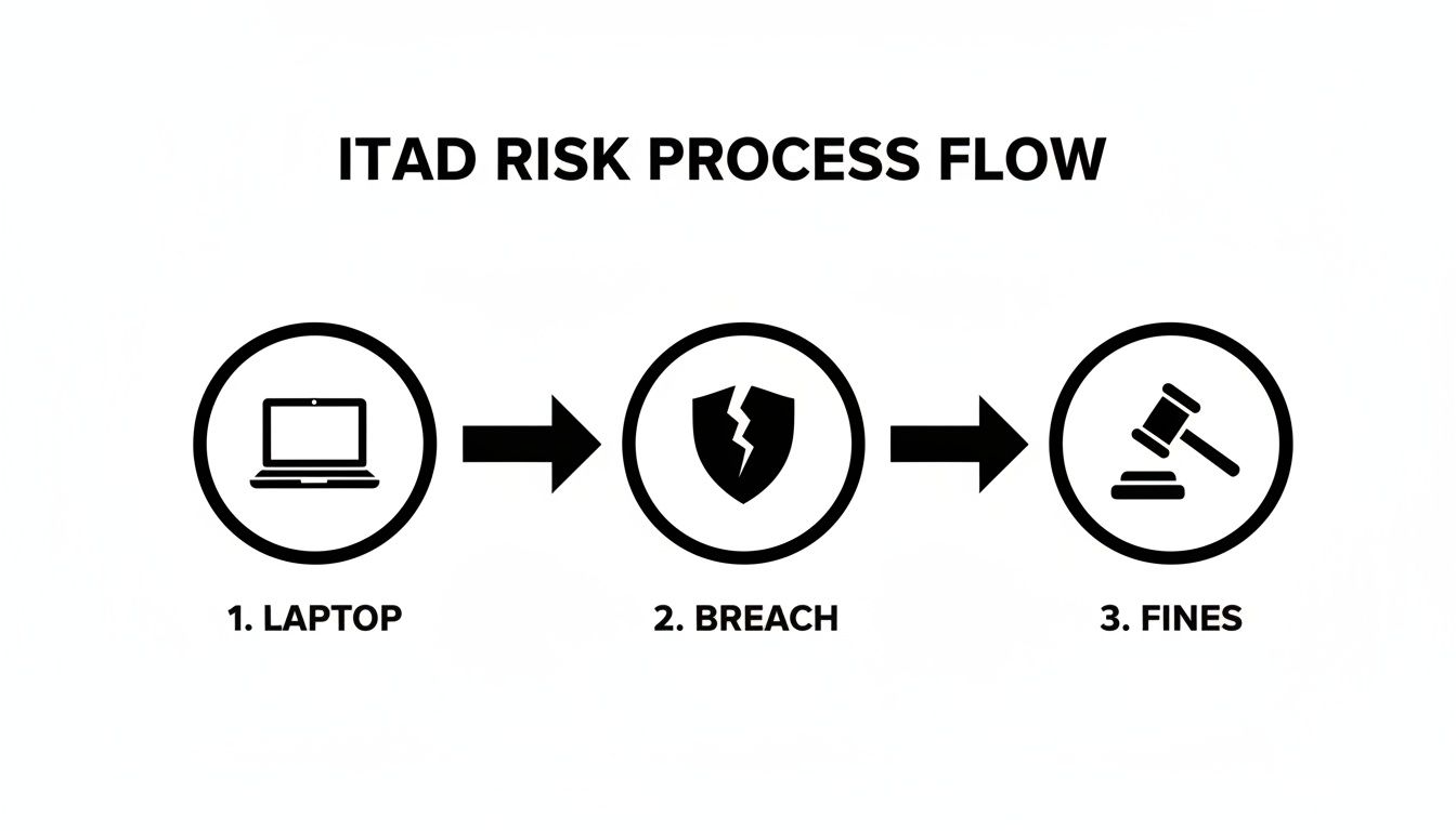 ITAD risk process flow diagram showing a laptop, leading to a data breach, and ultimately fines.