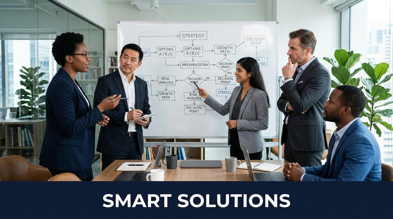 A diverse team of professionals collaborating on a strategic business plan in a modern office meeting room.