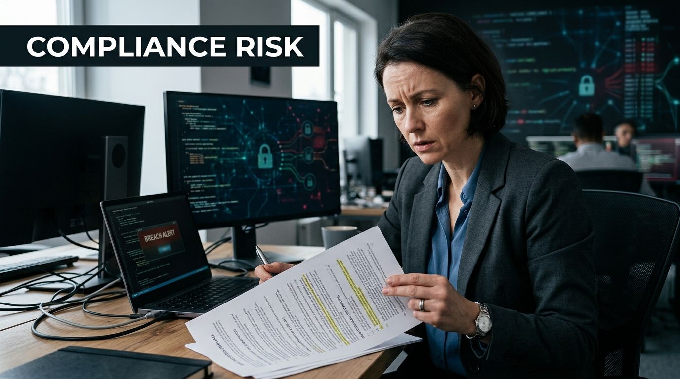 A worried professional reviews critical compliance documents while monitoring a security breach alert on computer screens.