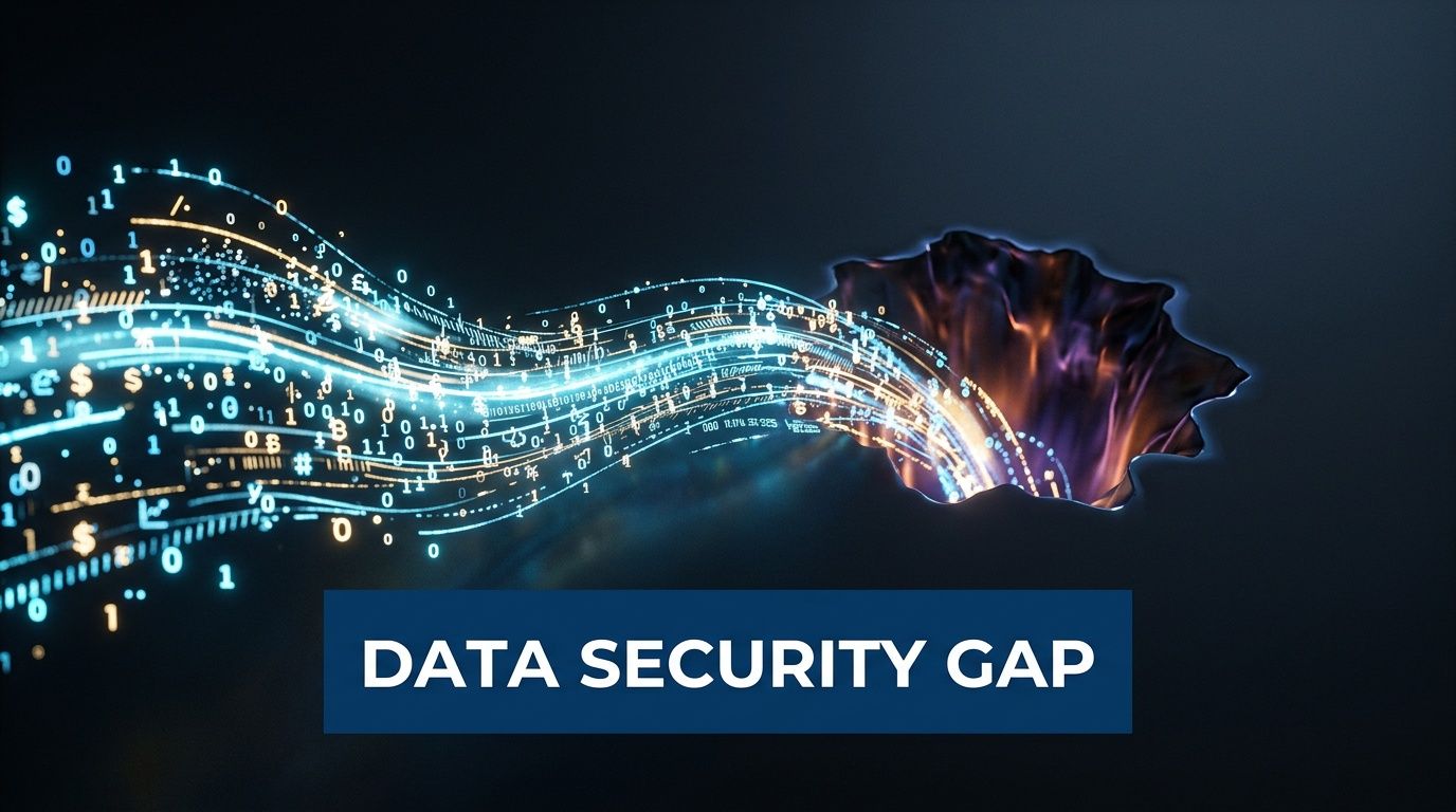 Conceptual image of a stream of binary code flowing into a dark gap representing a data security gap.