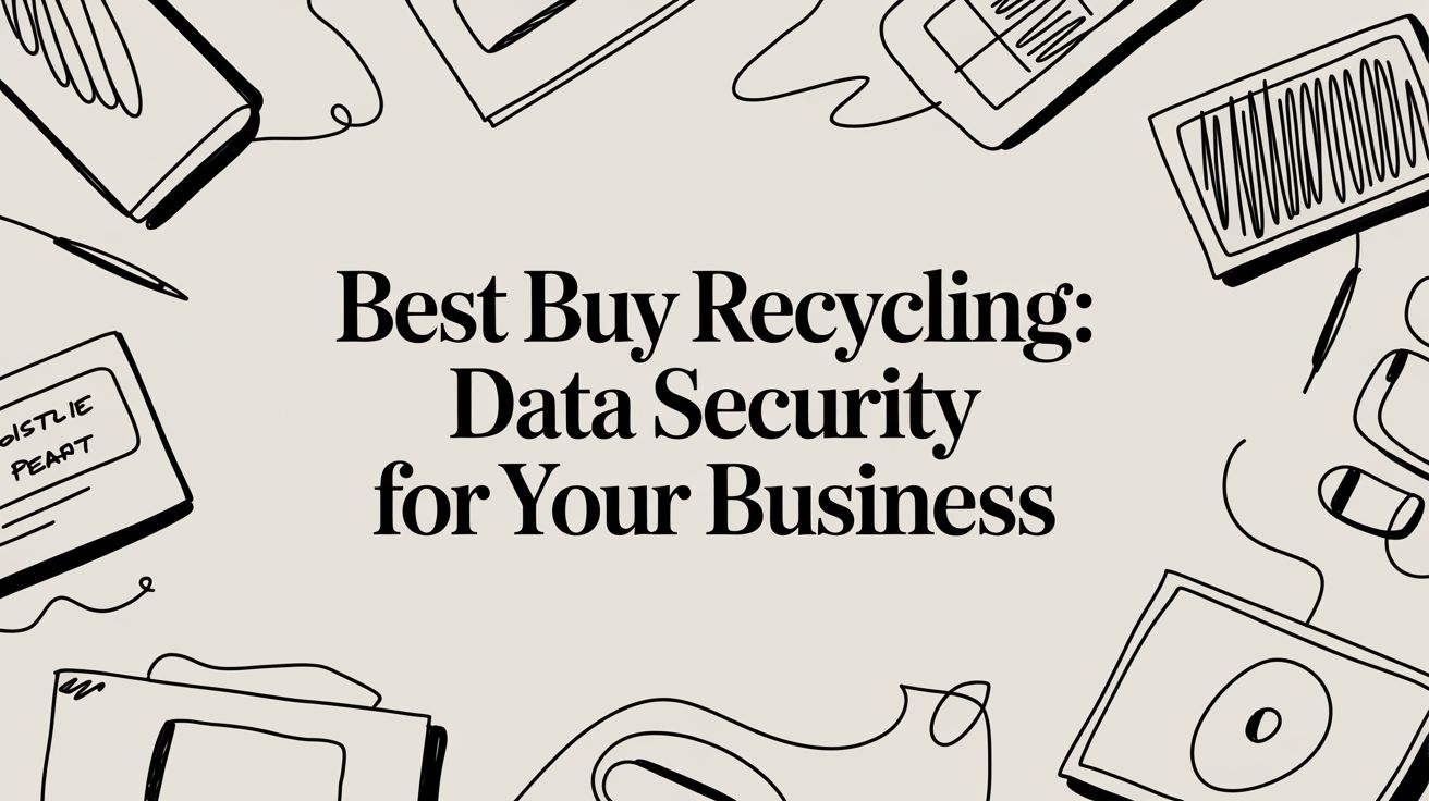 Center title reads 'Best Buy Recycling: Data Security for Your Business' with surrounding doodles of office items. Informative banner image for an article.